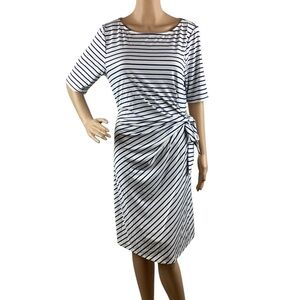 Lands’ End Navy Stripe Elbow Sleeve Tie Waist Sheath Dress Size M